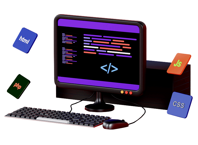 Computer surrounded by floating code boxes for HTML, CSS, JavaScript, and PHP
