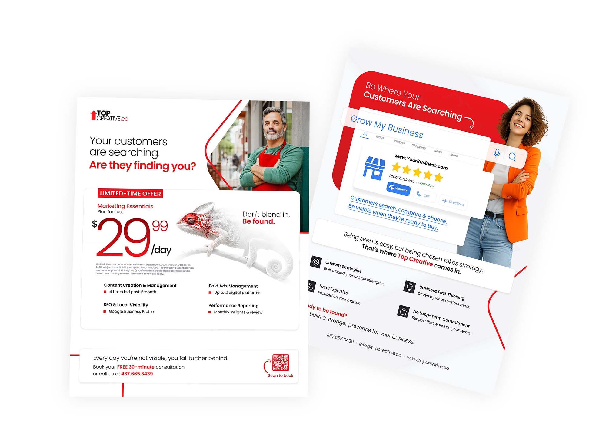 TOP CREATIVE marketing flyer promoting the Marketing Essentials Plan at $29.99 per day